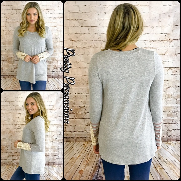 LAST ONE‼️Gray Long Sleeve Lace & Button Cuff Top - Picture 3 of 8